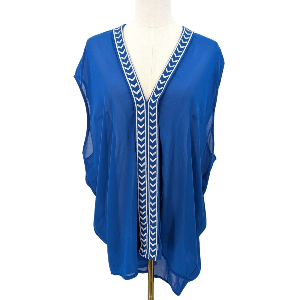 Boho Sheer Kimono Cover Up Blue Embroidered Trim 3X Wapi‎ for Plus